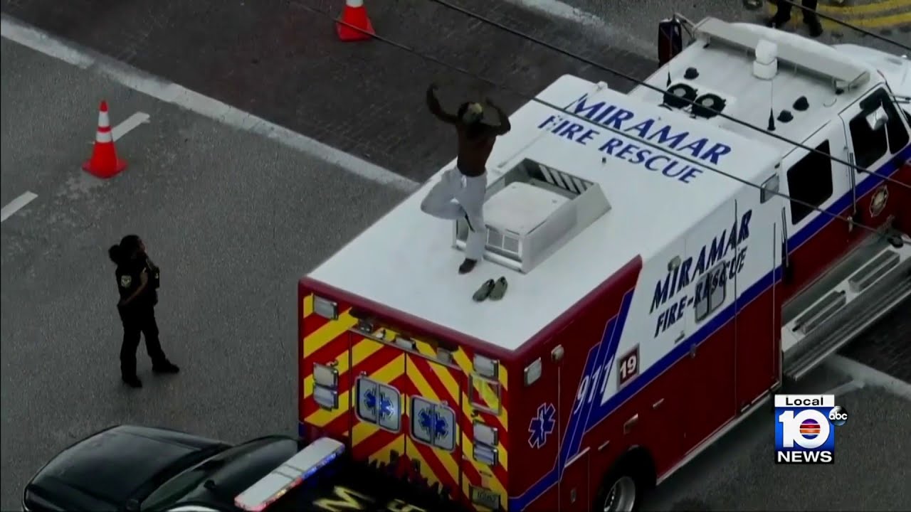 Man taken into custody after jumping on top of fire rescue truck in Miramar