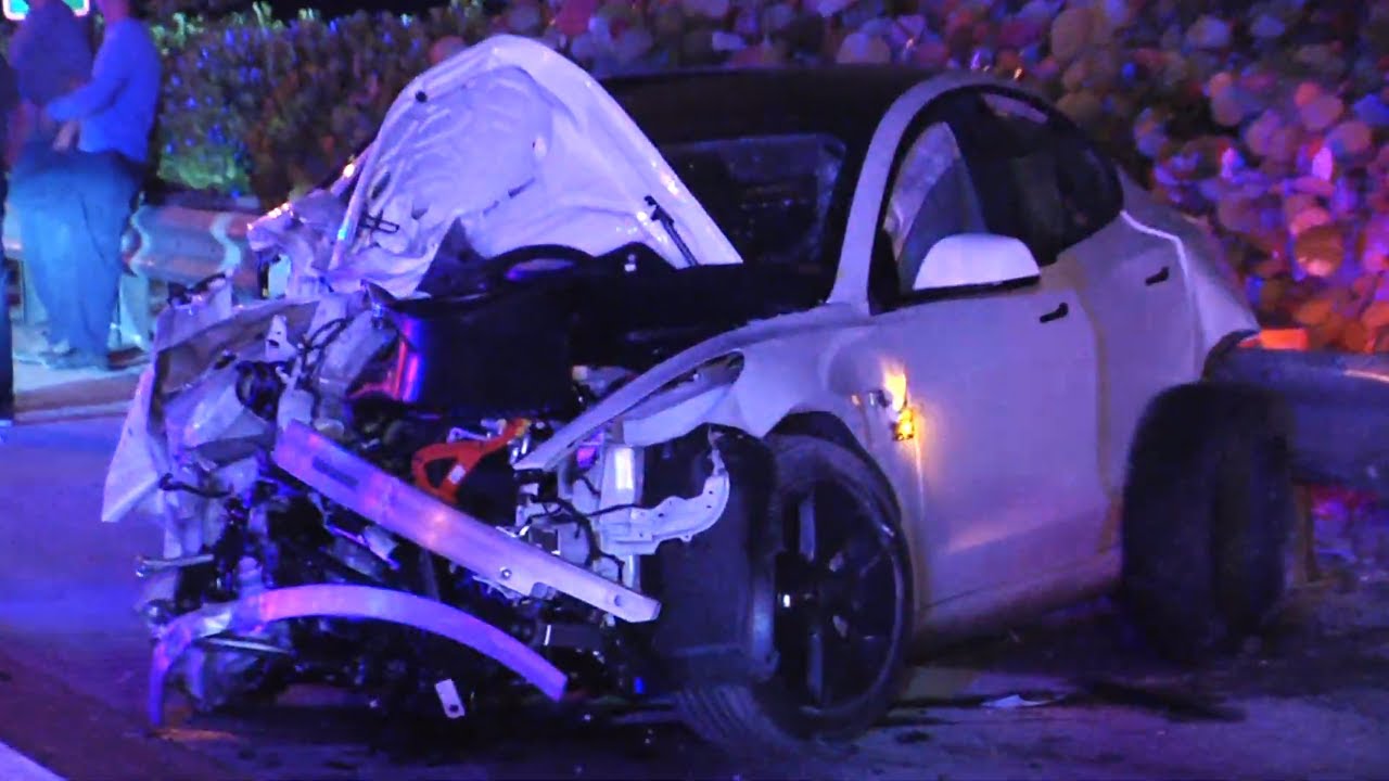 Tesla Destroyed After Dump Truck Rollover Crash On The Turnpike In Davie, Florida, USA