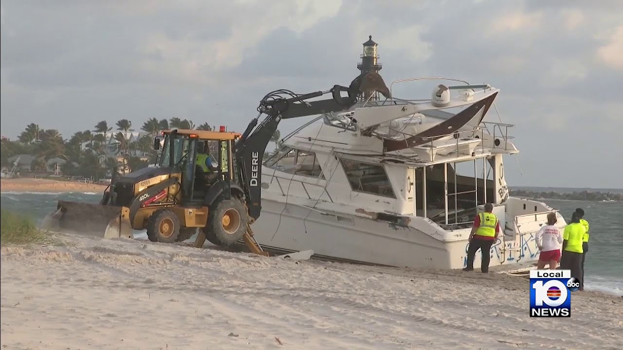 Crews dismantle massive Yacht destroyed that washed up on Pompano Beach during Hurricane Nicole