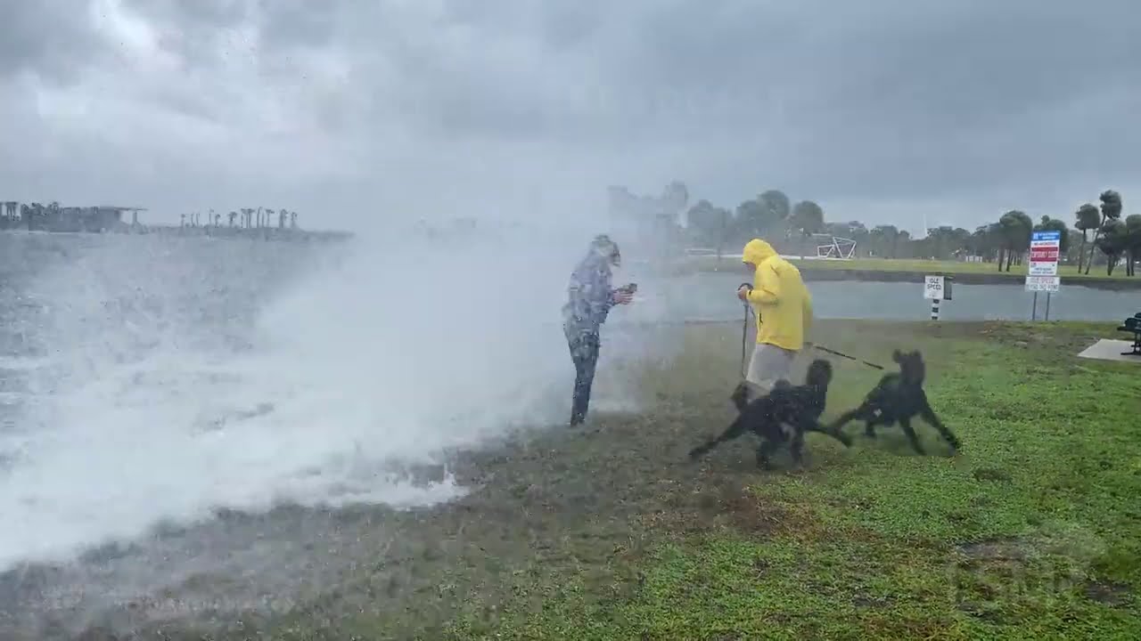 11-11-2020 St. Petersburg, FL – Hurricane Eta Big waves crashing, drone of waves splashing near home